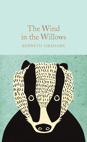 Book cover of 'The Wind in the Willows' with a badger illustration on a light blue background