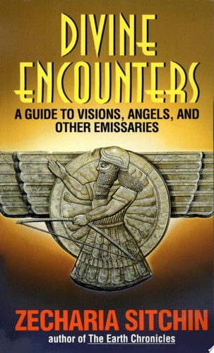 Book cover of 'Divine Encounters' by Zecharia Sitchin with an angelic figure and gold background.