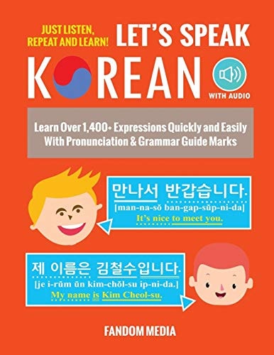 Book cover of 'Let's Speak Korean' with text and graphics on an orange background