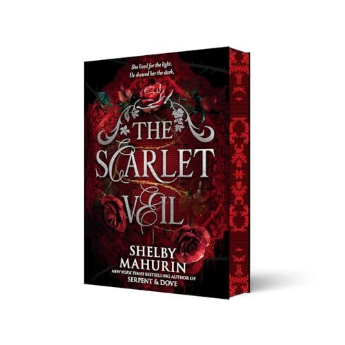 Book cover of 'The Scarlet Veil' with red roses and dark design on a white background