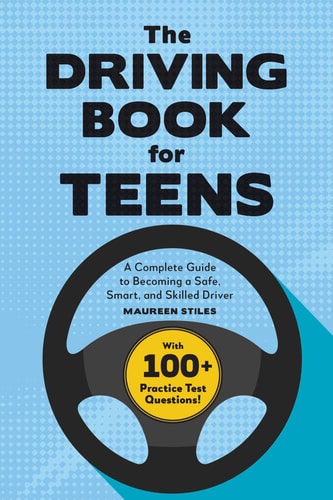 Book cover of 'The Driving Book for Teens' with a steering wheel graphic on a blue background