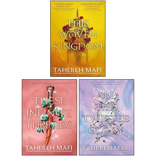 Three book covers of 'This Woven Kingdom', 'These Infinite Threads', and 'All This Twisted Glory' by Tahereh Mafi on a white background.