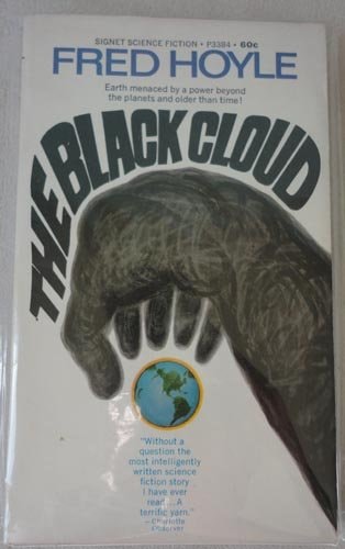 Book cover of 'The Black Cloud' by Fred Hoyle with a hand holding a globe.
