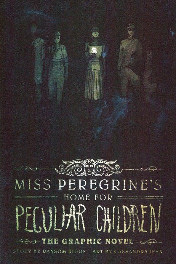 Book cover of 'Miss Peregrine's Home for Peculiar Children' graphic novel with characters in a dark setting.