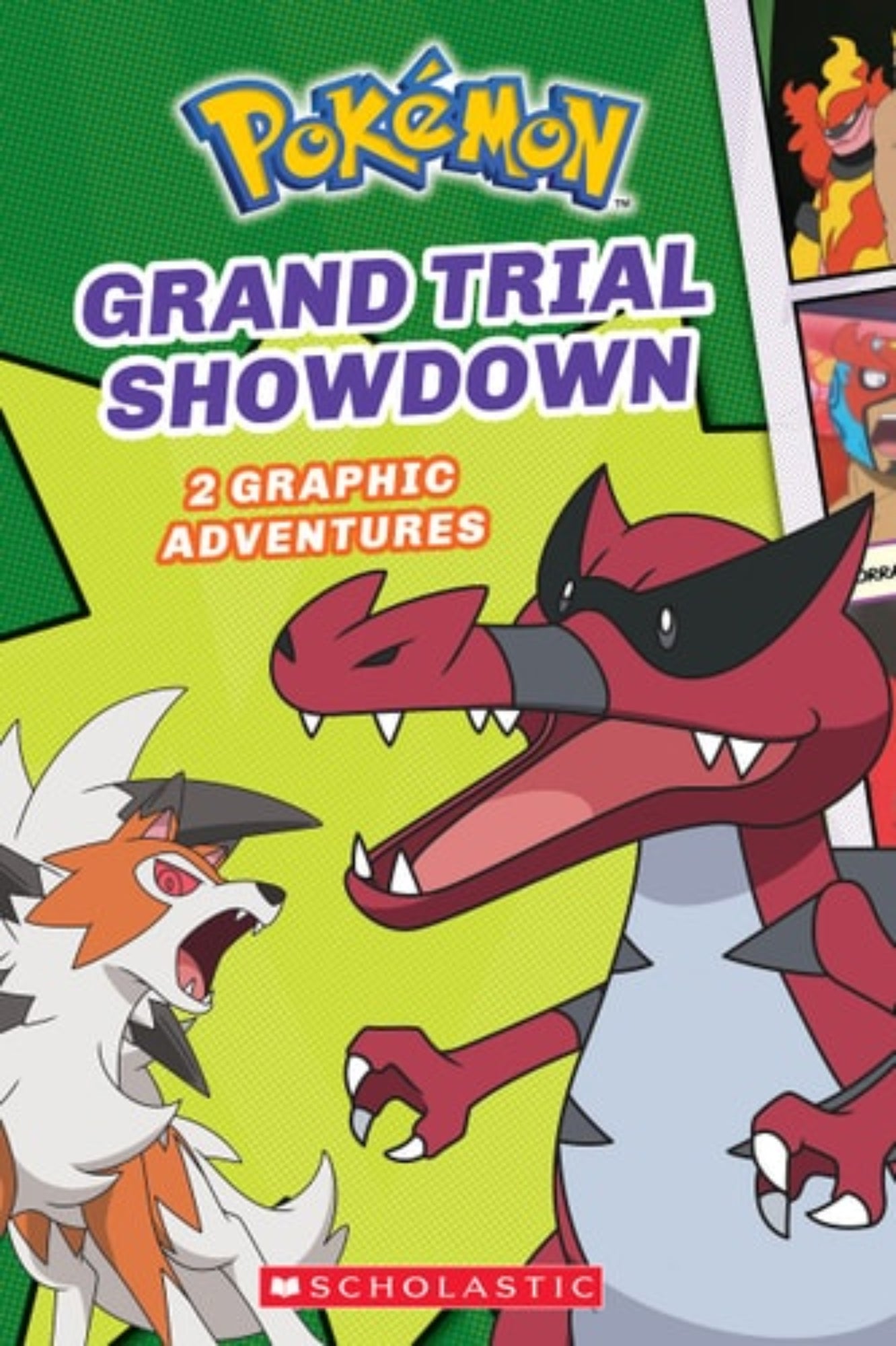 Pokémon Grand Trial Showdown book cover with two characters on a green background