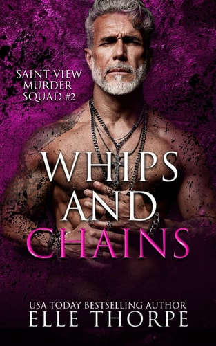Book cover of 'Whips and Chains' featuring a man with tattoos and chains on a purple background.