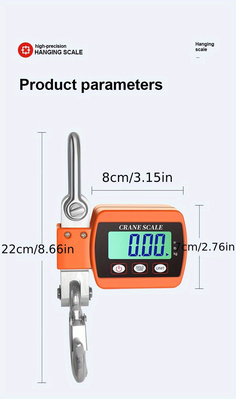 Digital hanging scale with dimensions and product parameters on a white background