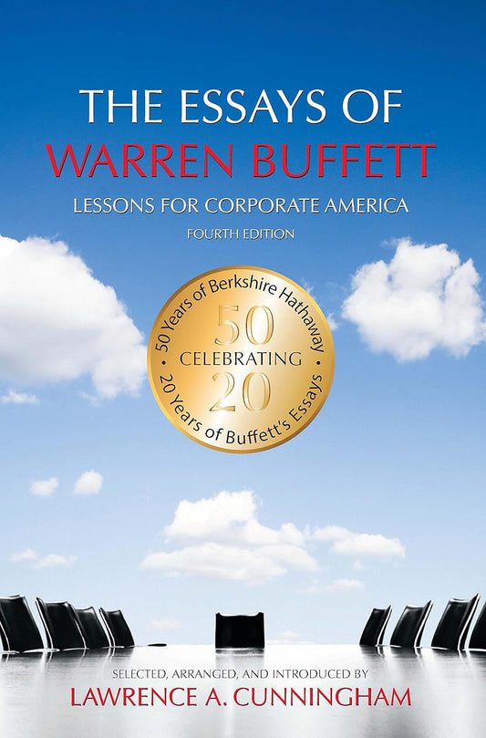 Cover of 'The Essays of Warren Buffett: Lessons for Corporate America' by Lawrence A. Cunningham featuring a cloudy sky background with the title and author's name.