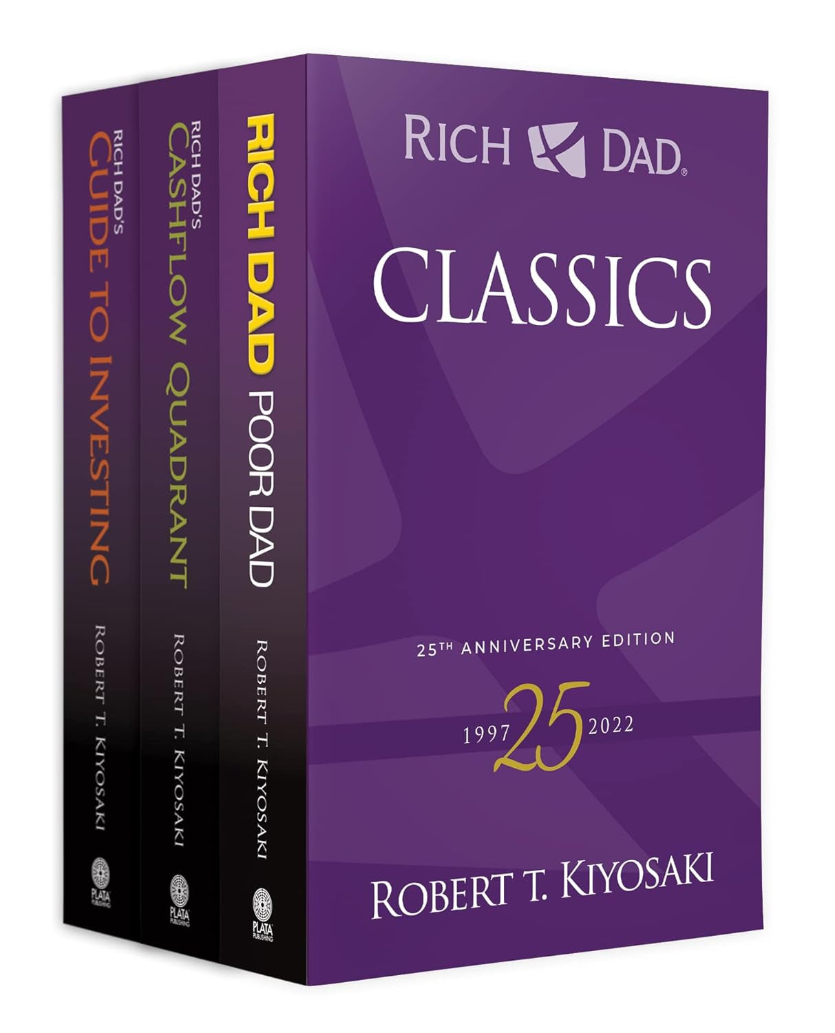 A boxed set of Robert Kiyosaki's Rich Dad Classics books, including 'Rich Dad Poor Dad', 'The Cash Flow Quadrant', and 'Rich Dad's Guide to Investing'. The set is packaged in a purple box with the author's name and the book titles displayed.