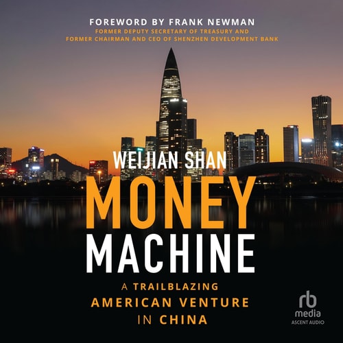 Book cover of 'Money Machine' with a city skyline at sunset