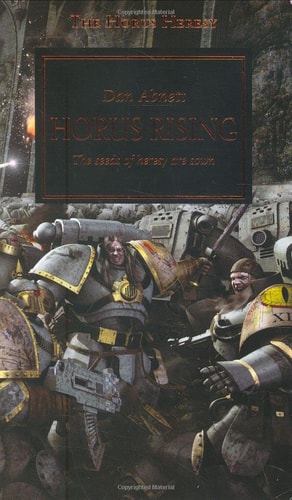 Book cover of 'Horus Rising' with warrior characters and detailed artwork.
