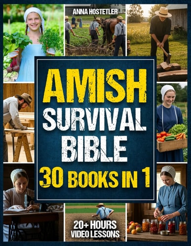 Book cover of 'Amish Survival Bible' with images of Amish people and activities.