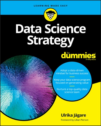 Book cover of 'Data Science Strategy for Dummies' with a colorful abstract design on a black background.
