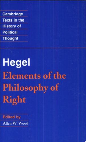 Book cover of 'Elements of the Philosophy of Right' by Hegel with a blue background and red text.