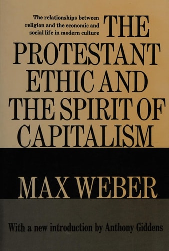 Book cover of 'The Protestant Ethic and the Spirit of Capitalism' by Max Weber with a black and brown color scheme.