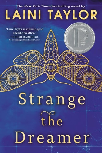 Book cover of 'Strange the Dreamer' by Laini Taylor with a moth illustration on a blue background.