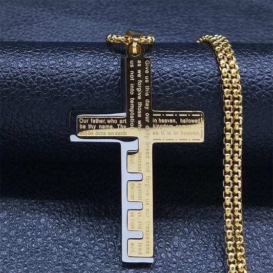 Stainless Steel Montage Bible Cross Pendant Chain Necklace 