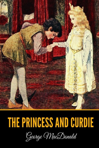 Illustration of a princess and a prince in a formal setting with red curtains.