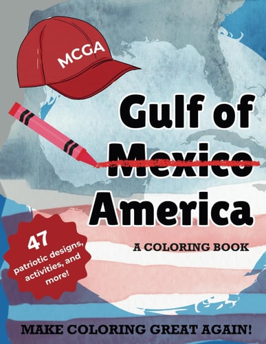 Coloring book cover with a red cap, pencil, and text about the Gulf of Mexico and America.