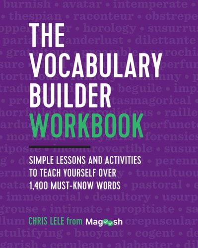 Book cover of 'The Vocabulary Builder Workbook' with a purple background and white text.