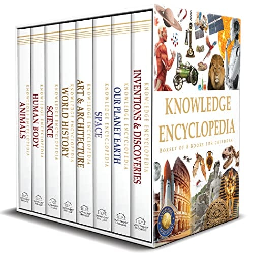 Knowledge Encyclopedia book set with various topics on a white background