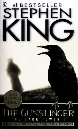 Book cover of 'The Gunslinger' by Stephen King featuring a crow and silhouette.
