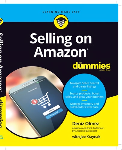 Book cover of 'Selling on Amazon for Dummies' with a smartphone image and branding elements.