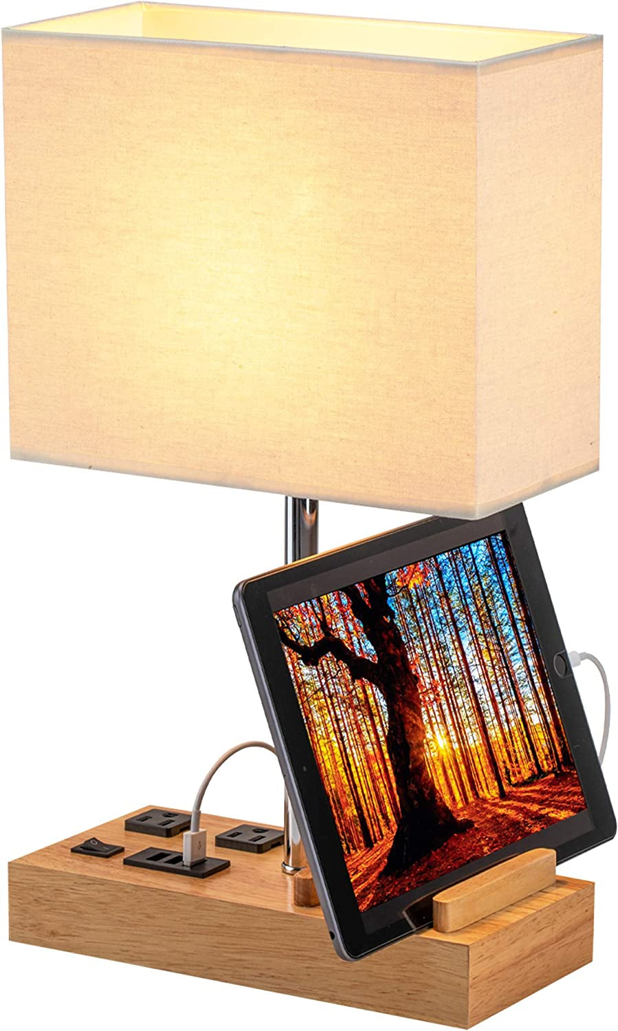 Woodgrain Desk Lamp (3) USB (2) AC Outlets & Sleek-Modern Phone Stands: Power Up Your Space
