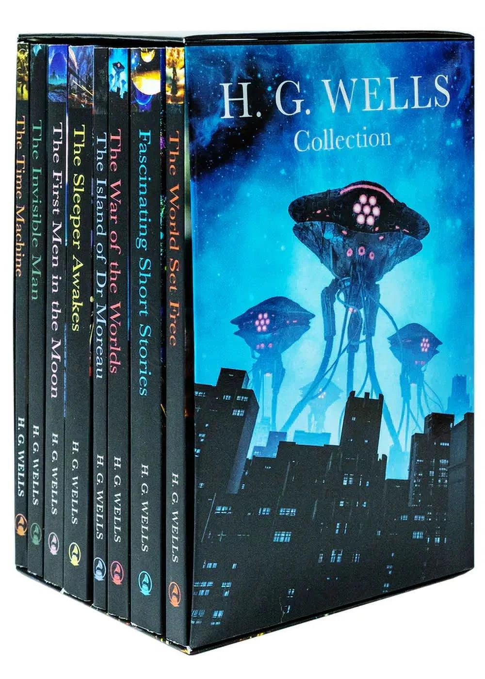 Book box set angled view of "H.G. Wells Complete Book Box-Set" displaying case front cover.