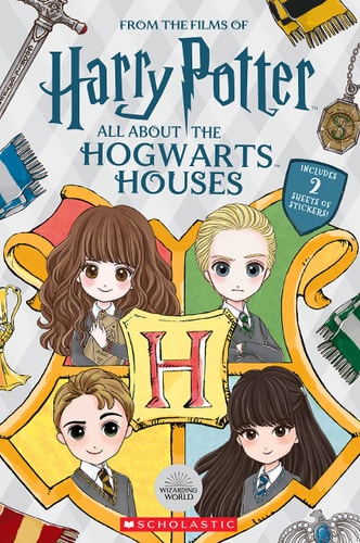 Book cover of 'All About the Hogwarts Houses' from Harry Potter, featuring cartoon students and the Hogwarts crest.