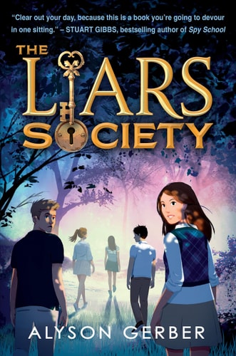 Book cover of 'The Liars Society' with a group of people walking in a park.