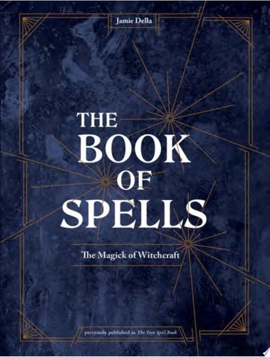 Book cover of 'The Book of Spells' with a dark blue background and gold accents.
