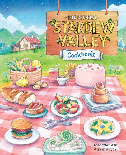 Cover of 'The Official Stardey Valley Cookbook' with a picnic scene and wooden sign.