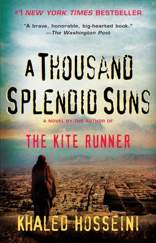 Book cover of 'A Thousand Splendid Suns' by Khaled Hosseini with a person looking over a cityscape.