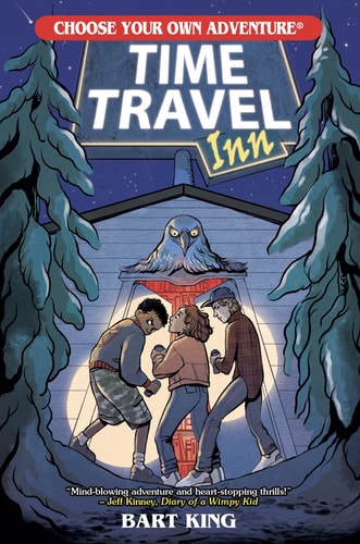 Book cover of 'Time Travel Inn' from 'Choose Your Own Adventure' series, featuring three people in front of a cabin with a owl on the roof.
