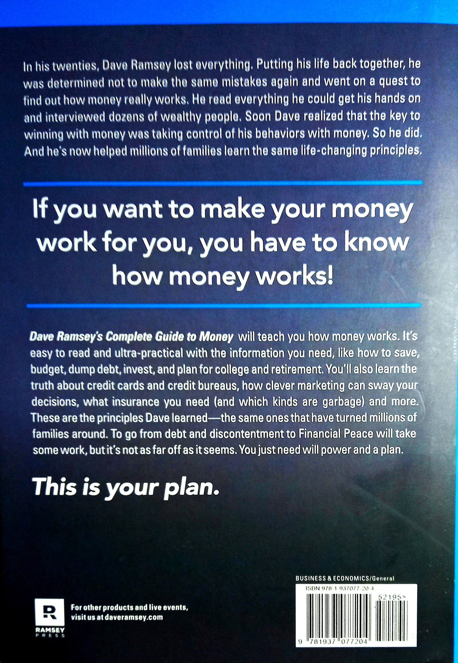 The back cover of 'Dave Ramsey's Complete Guide To Money' featuring a synopsis and praise for author Dave Ramsey, along with the publisher info and barcode.