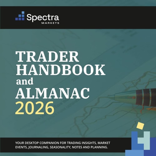 Cover of Spectra Markets Trader Handbook and Almanac 2026 with a pen and chart on a teal background.