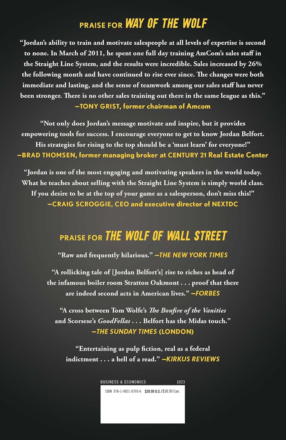 Praise for 'Way of the Wolf' and 'The Wolf of Wall Street' on a dark background with yellow text.