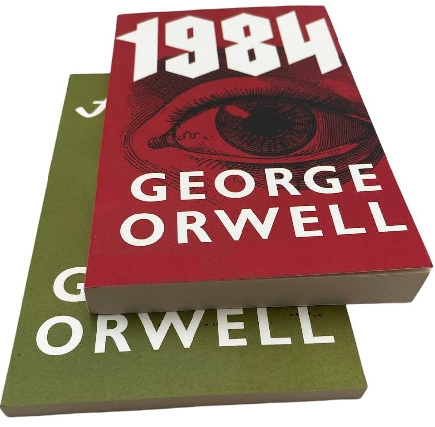Two books, stacked featured in the 'The All-New: Animal Farm + 1984: George Orwell 2-Book Bundle' on a white background