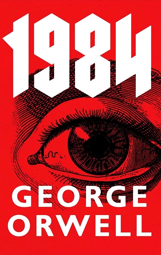 Book cover of '1984' by George Orwell with a red background and eye illustration.