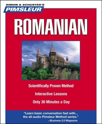 Book cover of Pimsleur Romanian language learning book cover with a castle image on a red background