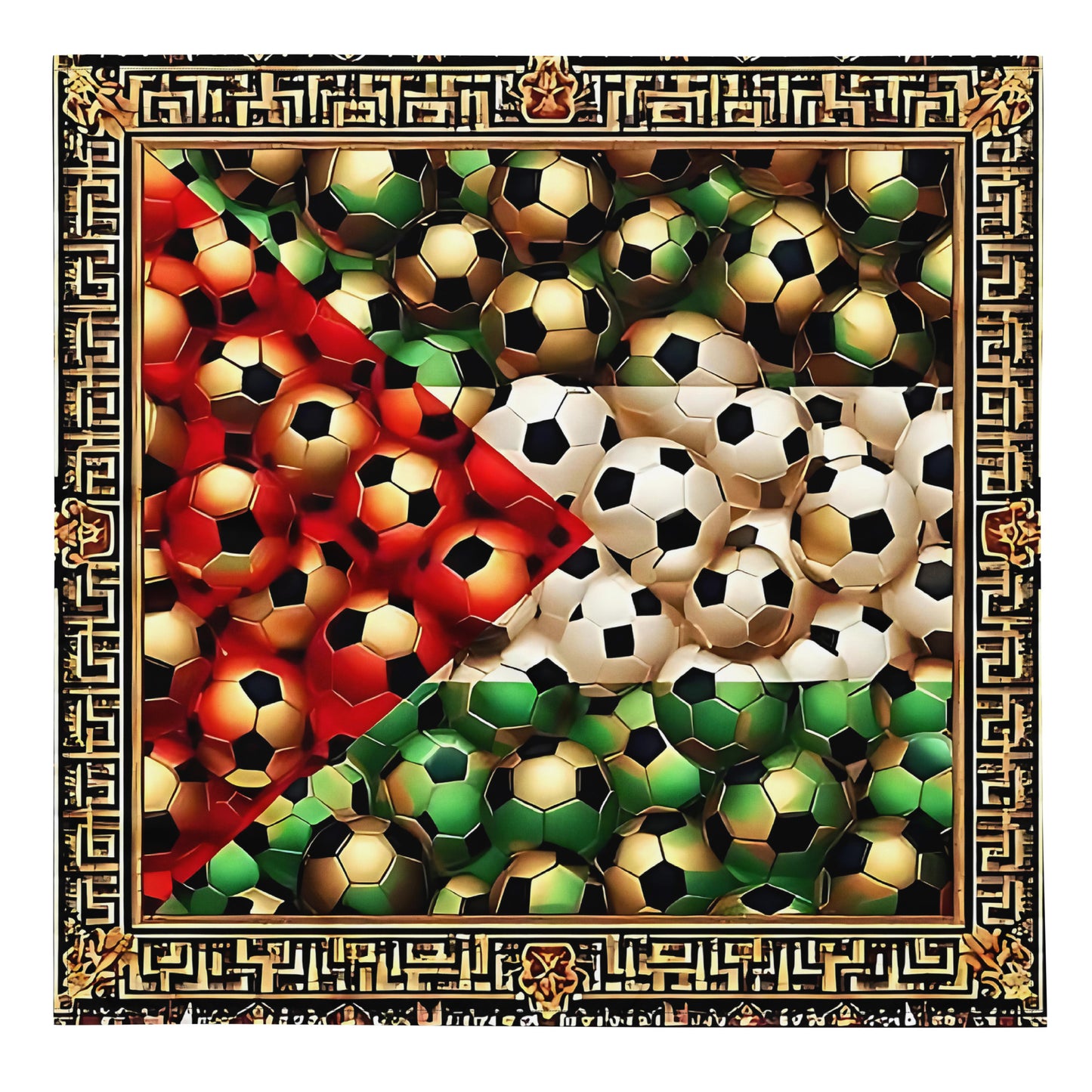 A bandana featuring a geometric pattern creating the Palestinian flag with soccer ball designs in red, green, white, and black colors, with an emphasis on the Palestinian flag.