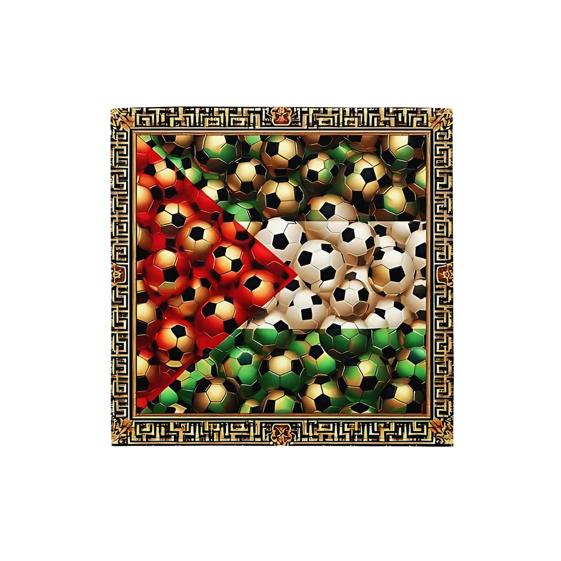 A bandana featuring a geometric pattern with soccer ball designs in red, green, white, and black colors, with an emphasis on the Palestinian flag.