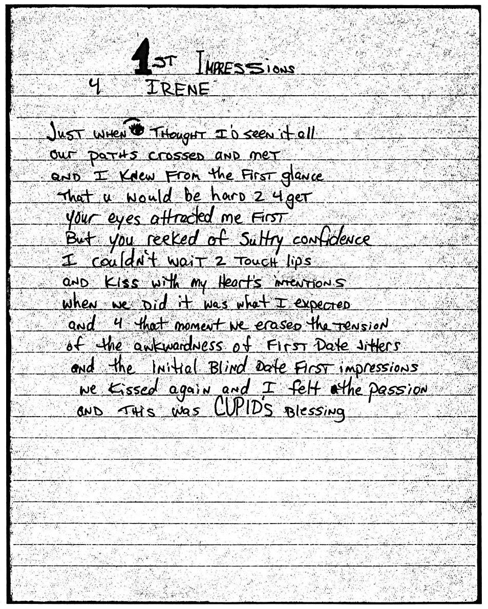Handwritten poem titled "1st Impression (4 Irene)" written by Tupac Shakur from the Poetry Book Collection "The Rose that Grew from Concrete" by 2Pac Amaru Shakur.