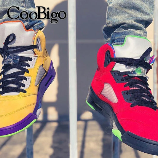 Two pairs of colorful sneakers, one yellow and purple, the other red and black, with clear lace clamps.