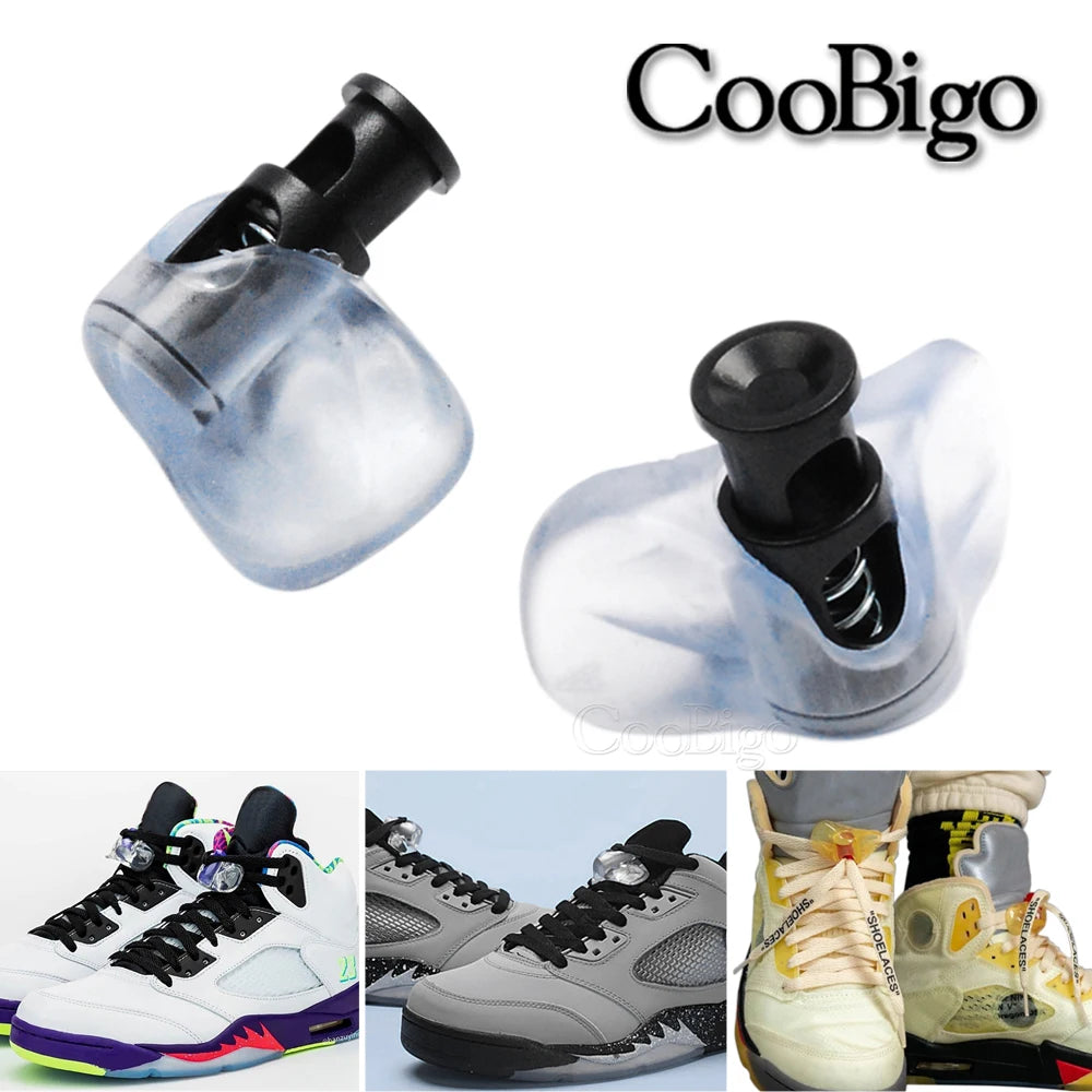 Clear shoe lace lock with black cap, displayed on a white background with sneaker shots.