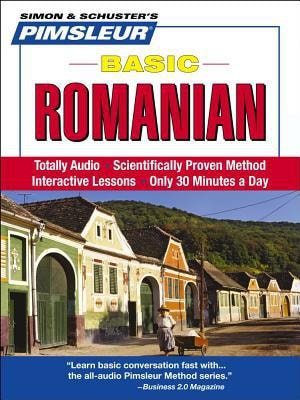 Pimsleur Basic Romanian language learning book cover with a scenic village image.