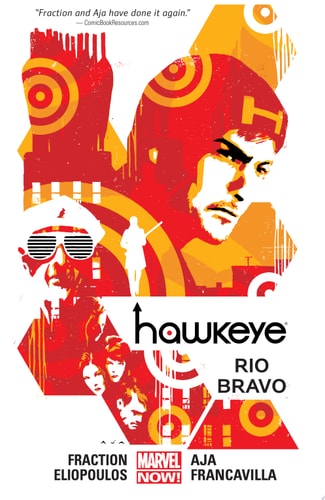 Book cover and Graphic novel comic book cover for 'Hawkeye: Rio Bravo' with stylized illustrations and text.
