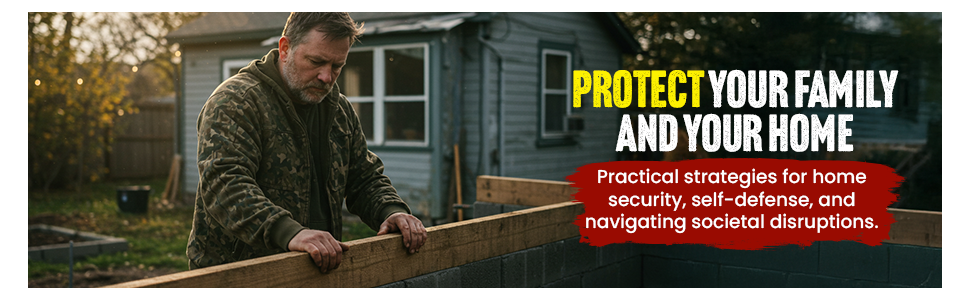 Promo for 'The Practical Prepper's Survival Bible' featuring a man holding a wooden board with text about home security and self-defense.
