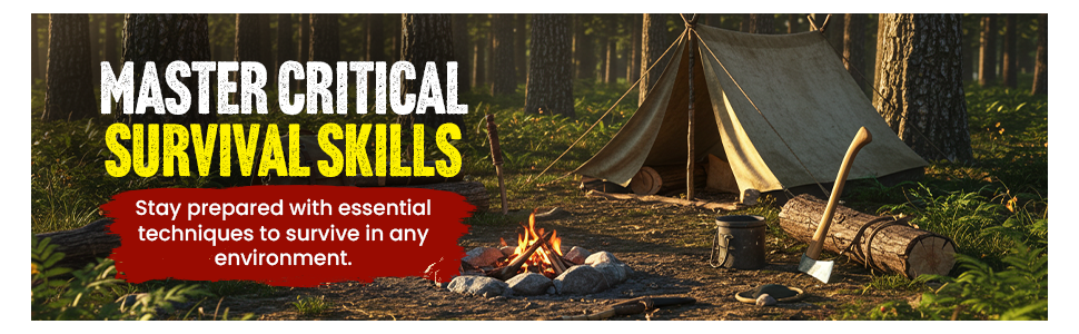 Promo for 'The Practical Prepper's Survival Bible' featuring a camping scene with a tent, fire, and text about survival skills in a forest setting.